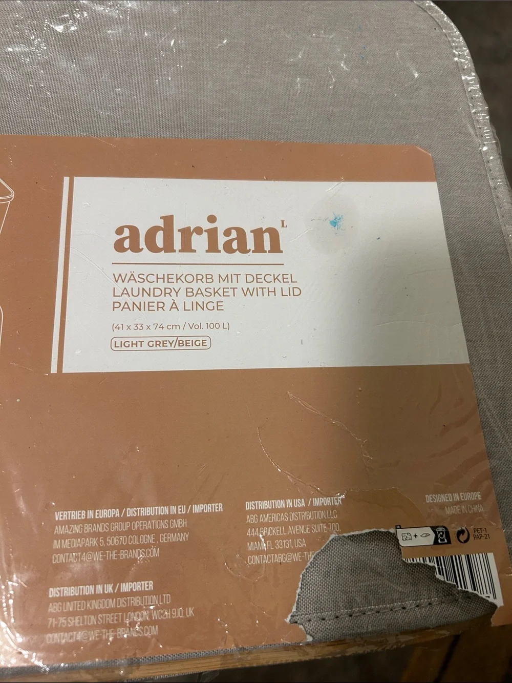ADRIAN Cloth Fabric Light Gray Laundry Basket & Lid BRAND NEW FACTORY SEALED